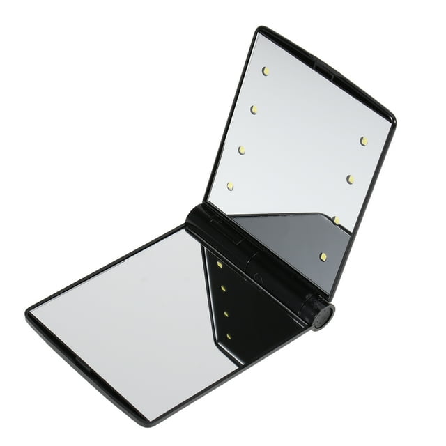 Espejo de maquillaje portátil, compacto y plegable con 8 luces LED (negro)