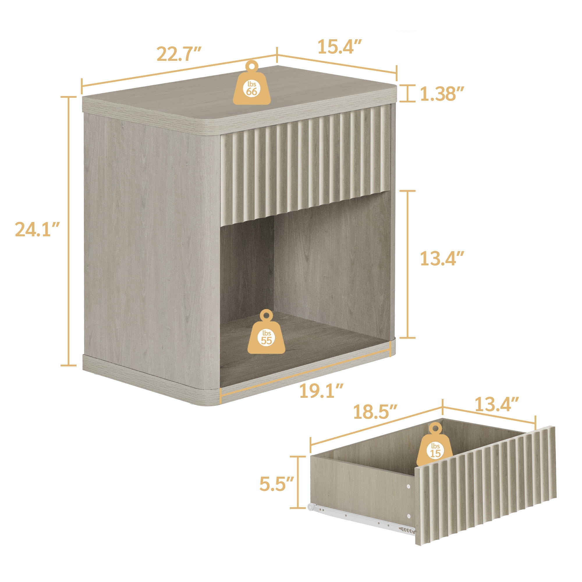 SICOTAS Fluted Nightstands for Bedroom Set of 2, Farmhouse Bedside Tables with Drawer & Open Shelf,  Wood End Table for Living Room in Light Grey