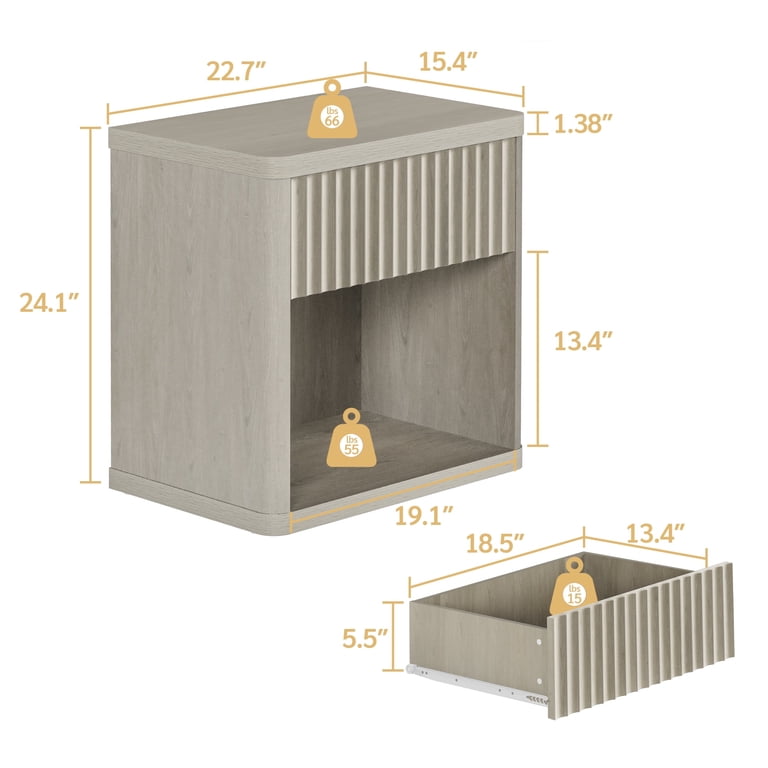 SICOTAS Fluted Nightstands, Set of 2, Light Grey photo 2