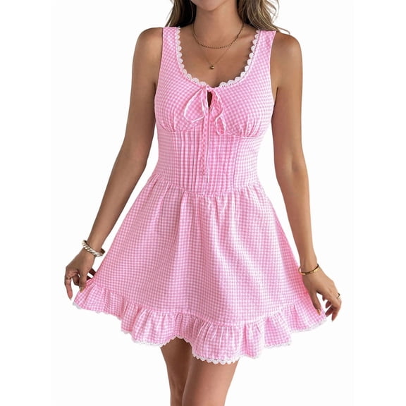 Women'S Summer Cute Corset Mini Dress Lace Spaghetti -Neck Flowy A-Line Gingham Short Dresses Pink XL
