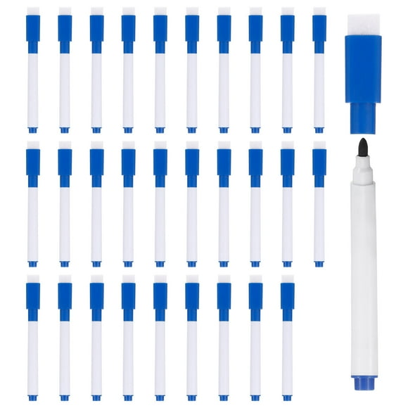 Uxcell Marcadores de Pizarra Borrables Tinta Azul Oscuro Punta Fina Bajo Olor Pizarra con Tapa Borrador, Paquete de 30