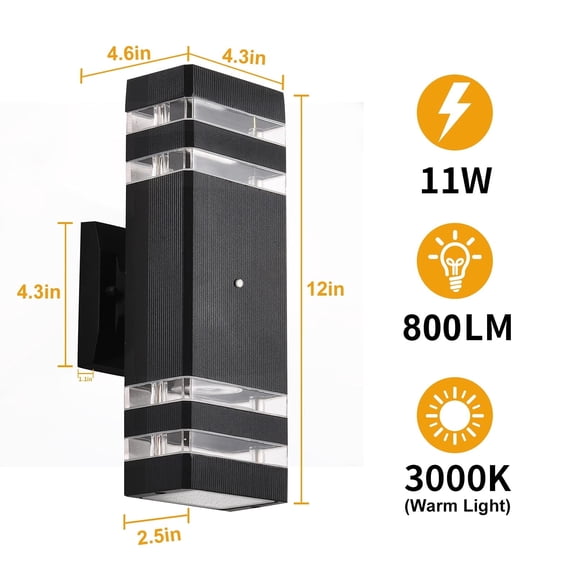 Outdoor Wall Lights 2-Pack, Waterproof Exterior Lighting for Porch/Garage/Patio, 3000K Warm White, Up-Down Design, Dusk to Dawn Sensor