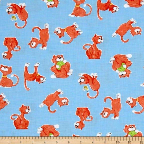 Susybee Purrl The Cat Tossed Cats Blue 100% Cotton Fabric sold by the yard