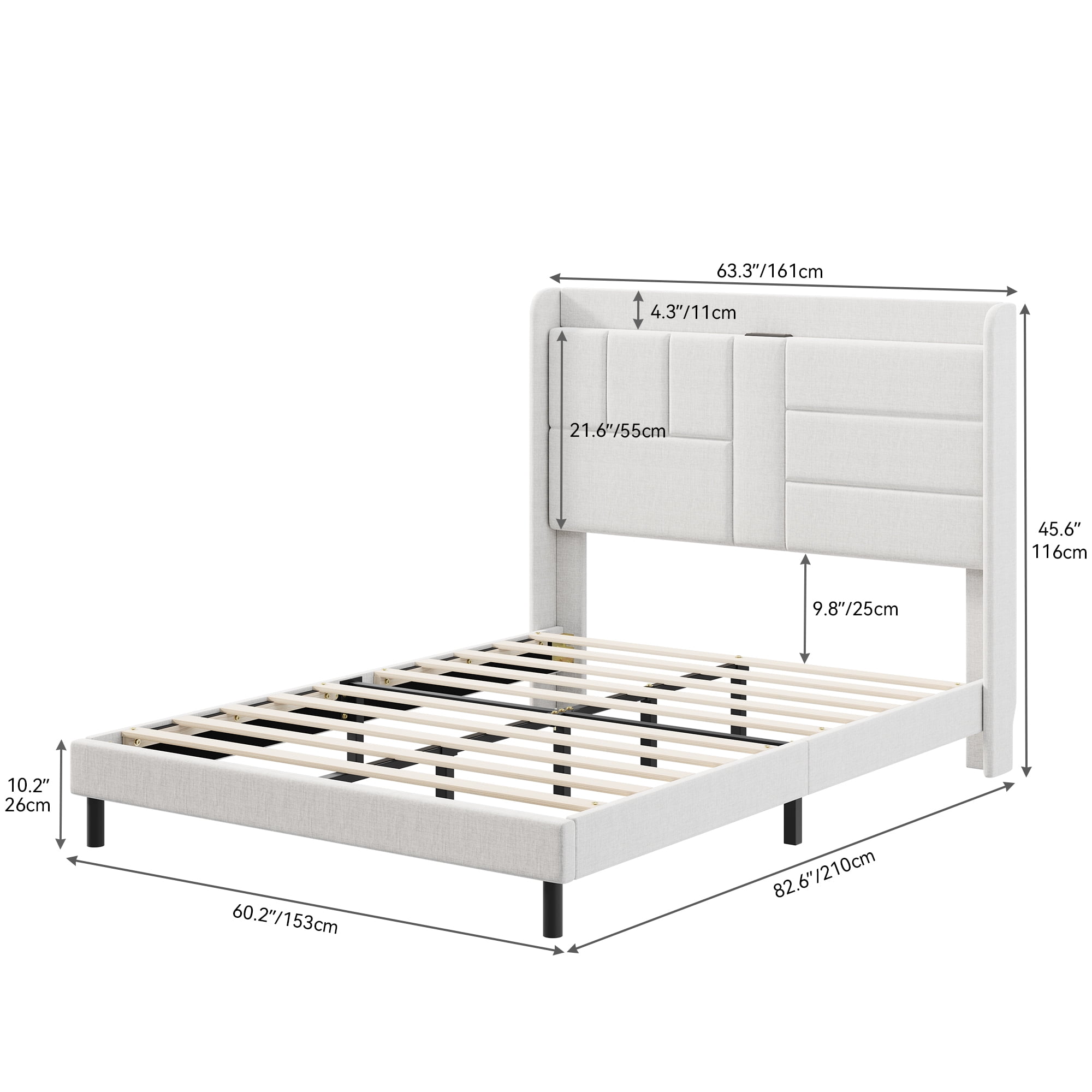 Dextrus Queen Bed Frame with USB Charging Station, Linen Upholstery, Tall Headboard, No Box Spring Needed, Sturdy Wood Slats Support - Beige