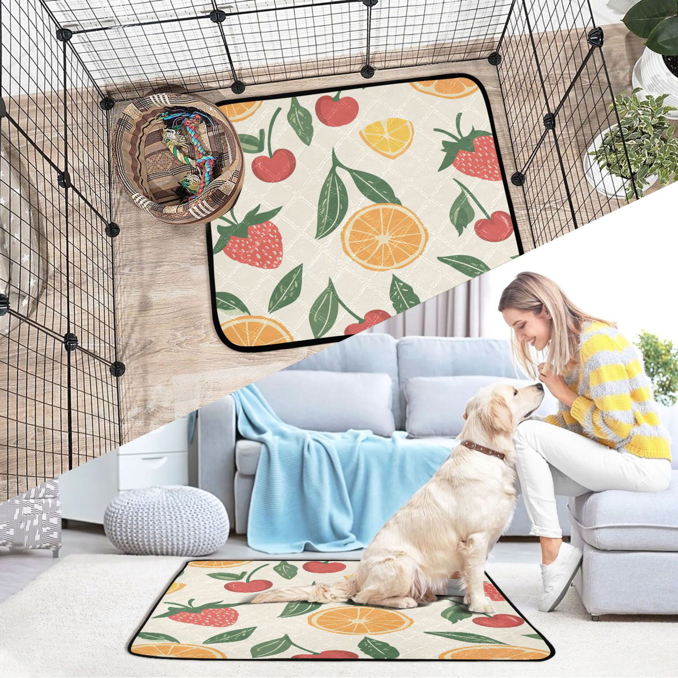 Qxltty Strawberries and Oranges on A Pastel Background Cat litter Pads Pet Set of 3 Diaper Mats Center Anti-leakage Layer Absorbent Soft and Comfortable
