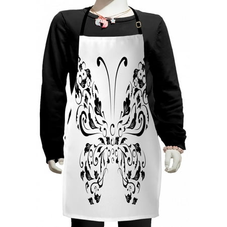 

Butterfly Kids Apron Silhouette of Moth with Swirl Floral Blossom Line Spirit Animal Illustration Boys Girls Apron Bib with Adjustable Ties for Cooking Baking Painting Black and White by Ambesonne