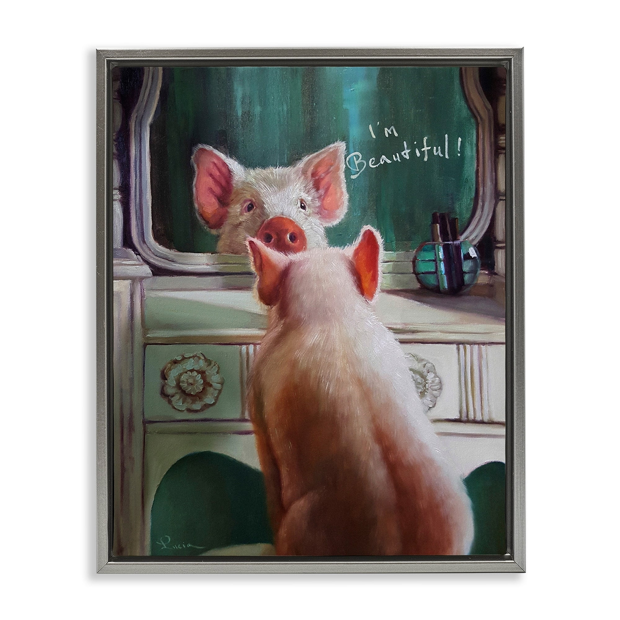 Stupell Industries I'm Beautiful Painted Pig in Mirror Illustration Luster Gray Framed Floating Canvas Wall Art, 24x30, by Lucia Heffernan