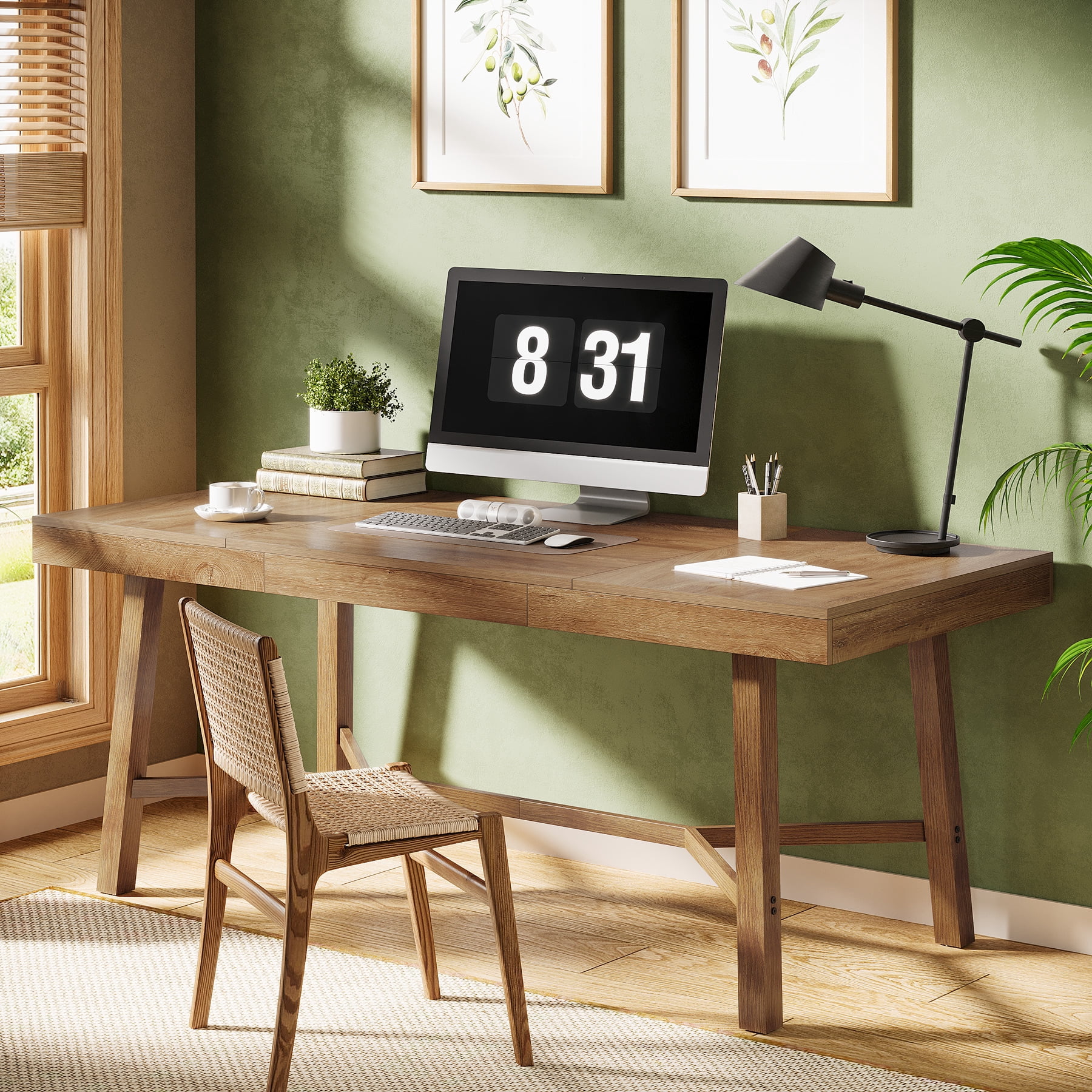 Finmind 71-inch Executive Desk, Farmhouse Large Office Computer Desk with Sturdy Frame, for Home Office, Light Brown