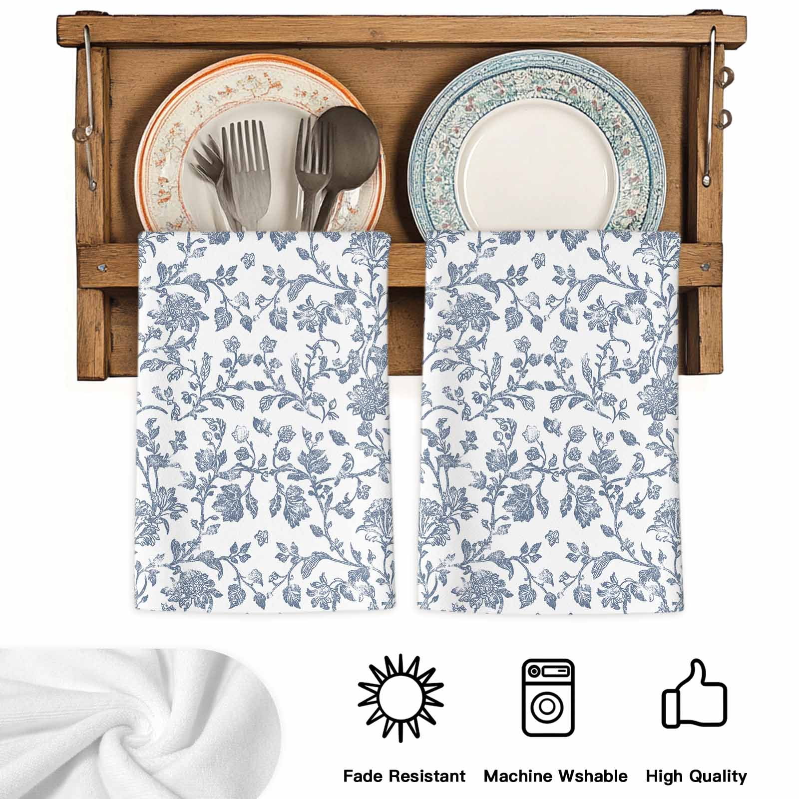 Blue Flower Kitchen Towels Set of 2, Vintage Farmhouse Boho Leaf Spring Summer Soft Microfiber Dish Towels, Absorbent Quick-Dry Washable Dishcloths for Kitchen Cleaning, Drying Dishes, 18x28 Inches