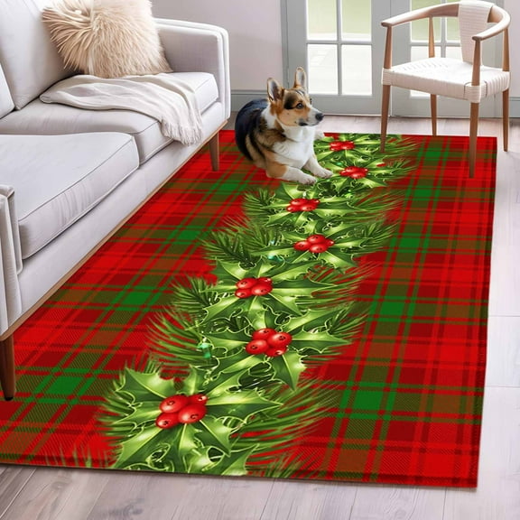 Christmas Area Rug 4x6 Washable Rug Non Slip Xmas Botanical Berry Green Red Plaid Large Area Rug Indoor Floor Carpet for Entryway Bedroom Kitchen Living Room Home Office Dining Room Nursery