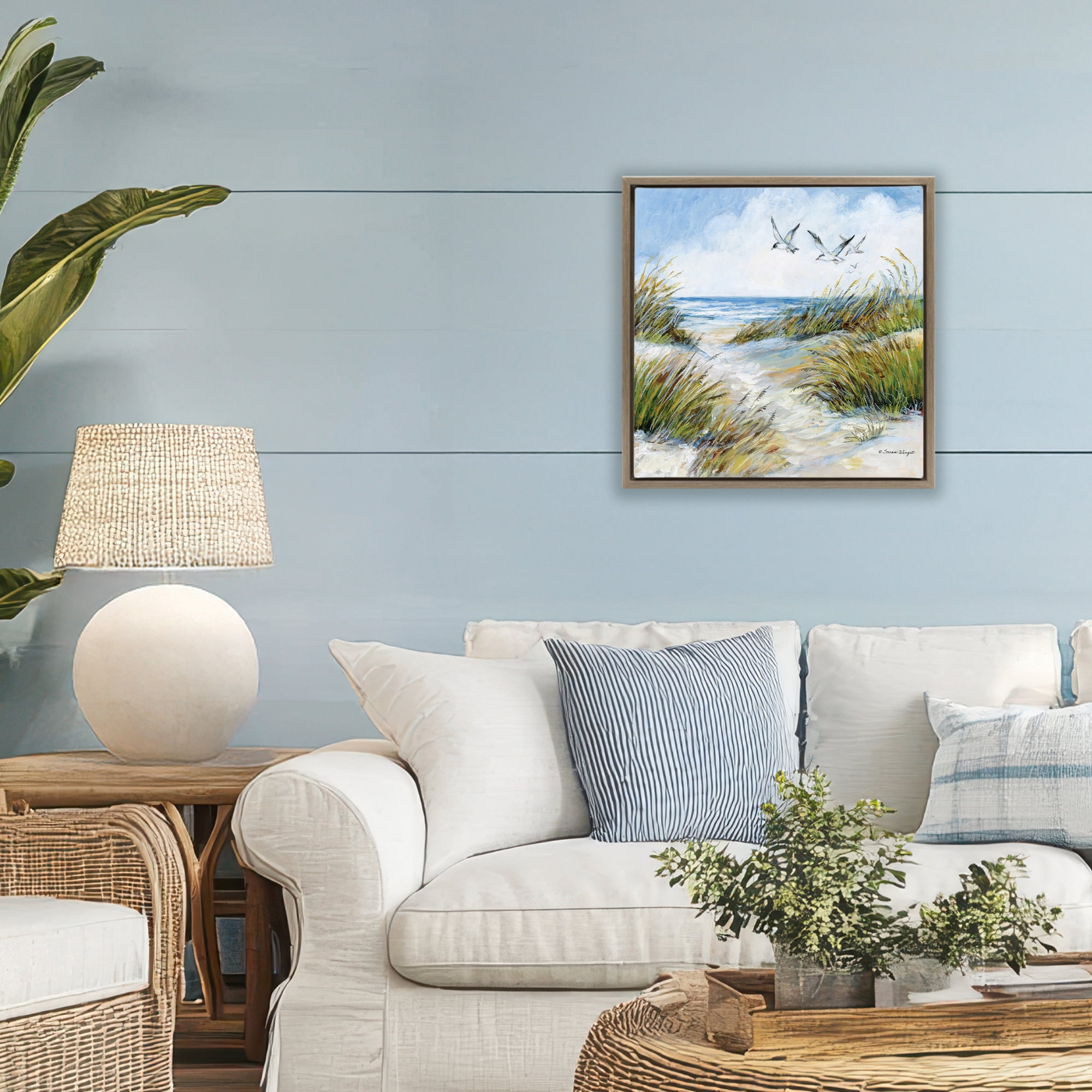 Stupell Industries Beach Path Seagulls Overhead Brown Framed Floater Canvas Wall Art, design by Susan Winget