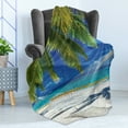 thumbnail image 4 of Beach Soft Flannel Fleece Throw Blanket, Hammock on the Sandy Beach Between Palm Coconut Overlooking Sea Nature Art, Cozy Plush for Indoor and Outdoor Use, 70" x 90", Cream Navy Green, by Ambesonne, 4 of 5
