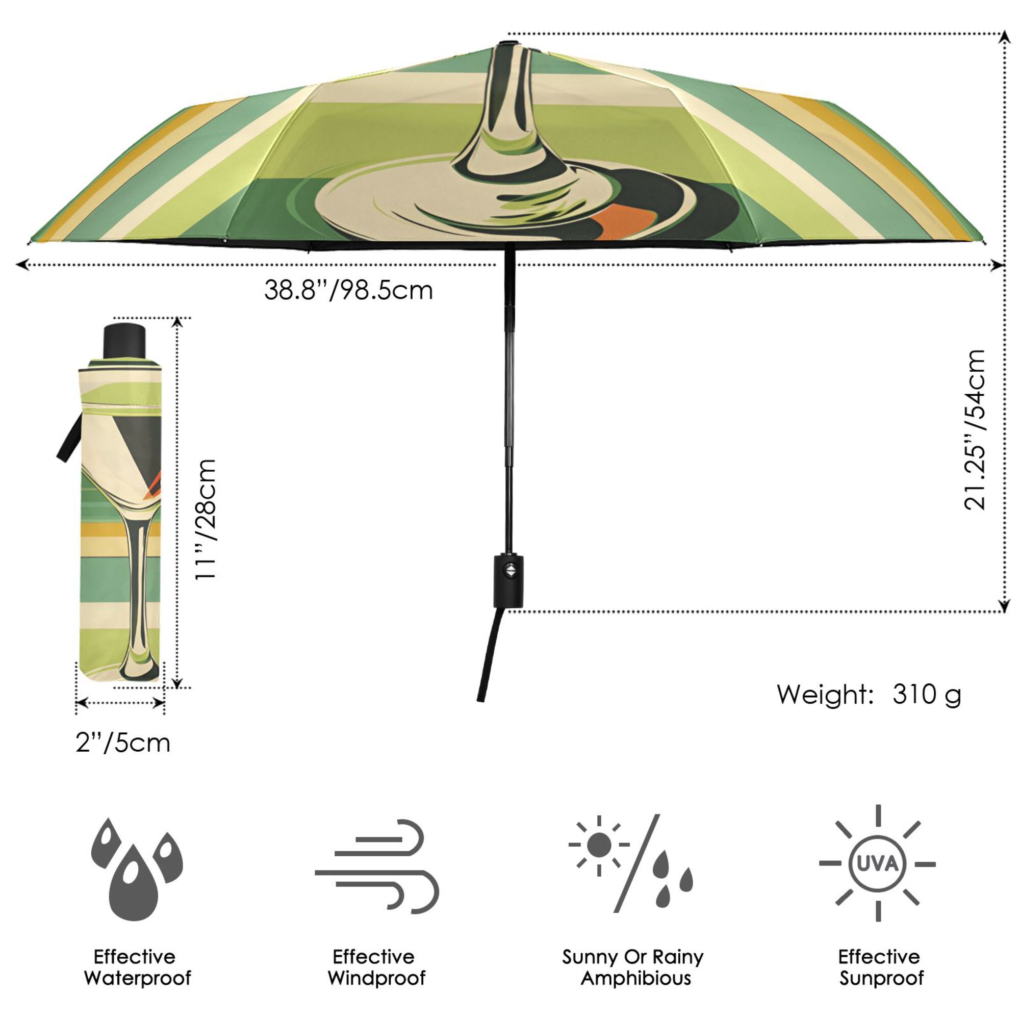 FORMRS Travel Umbrella Folding Auto Open Close Windproof Rain UV Protection, Colorful Martini