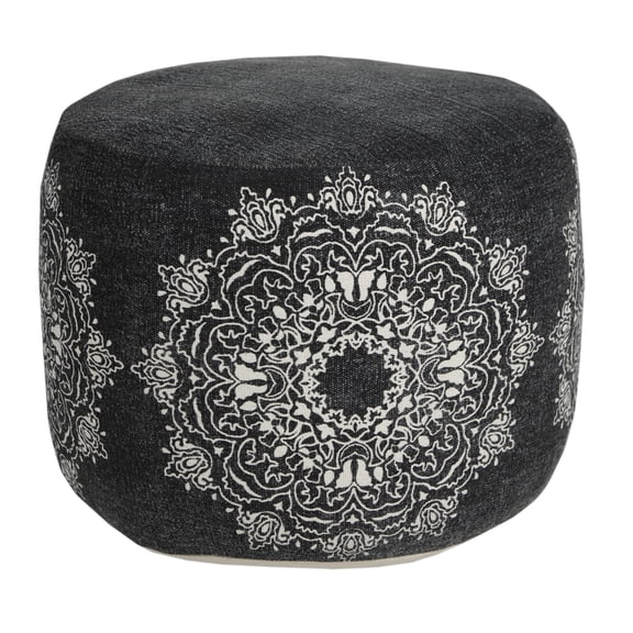 LR Home Round Black Medallion Pouf Ottoman, 14" H x 18" W