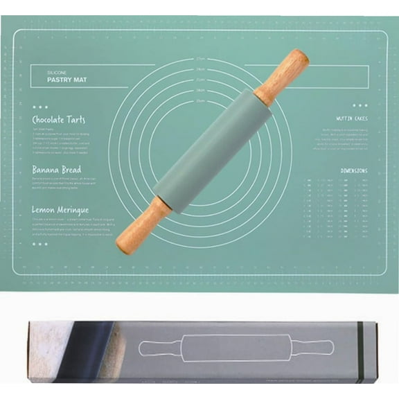Silicone Rolling Pin & Baking Mat Set for Baking Pizza making, Professional Dough Roller Rolling Pins, for Baking Pizza, Clay, pasta, Cookies, Roller Pins Baking (Green Set)