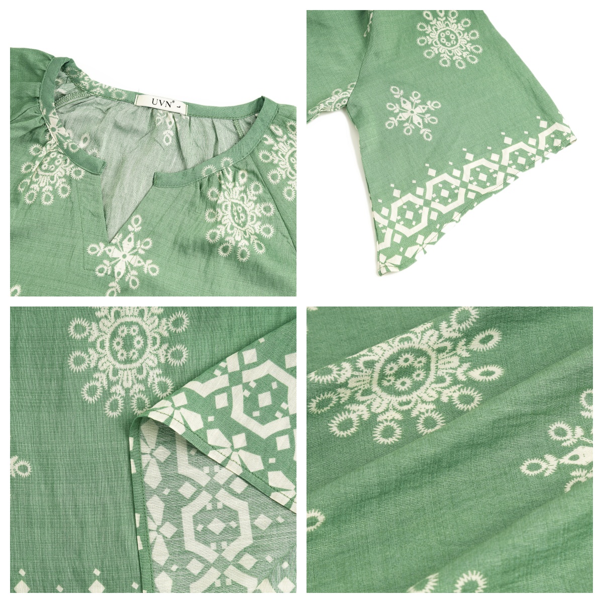 UVN Women's Bohemian Floral Bell Sleeve Blouse, Green photo 4