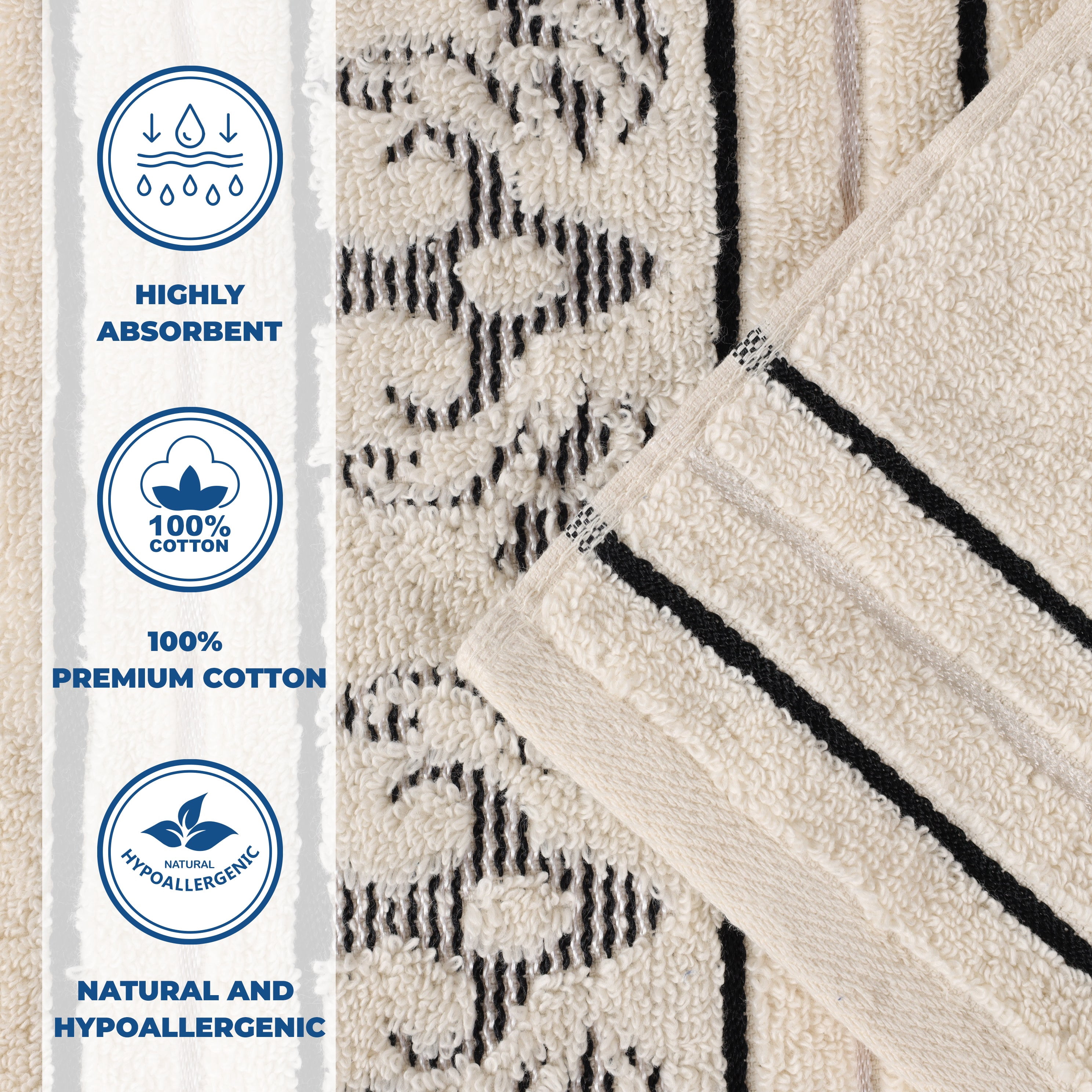 Superior Sadie Zero Twist Cotton Jacquard Hand Towel, Set of 6, Ivory