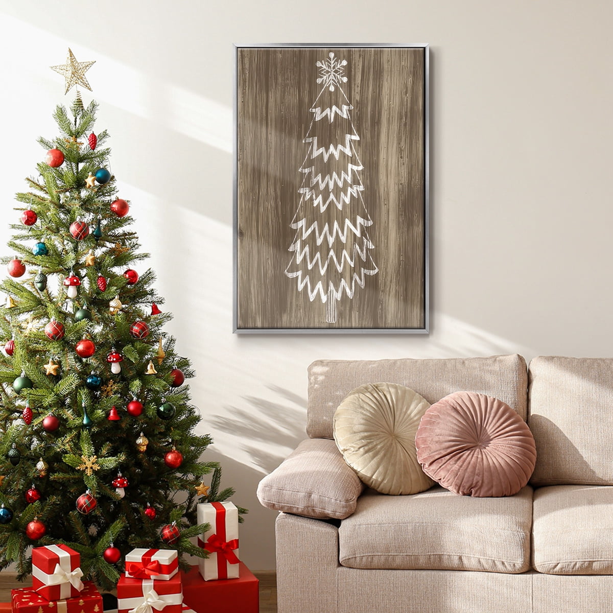 Barnwood Wonderland VIII - Framed Gallery Wrapped Holiday Canvas - 17 x 25 - Silver Frame