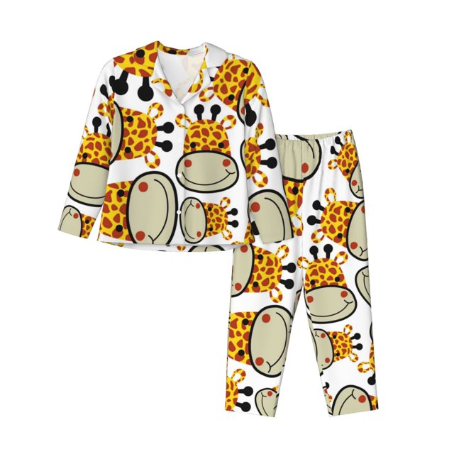 Balery Giraffes Head Conjunto de Pijama con Estampado para Mujer, Conjunto de Dos Piezas con Manga Larga, Ropa de Dormir Suave con Bolsillos, Pijamas Cómodos-Small
