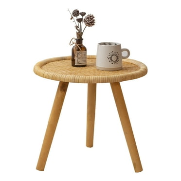 Rattan Round Coffee Table, Boho Circle Side Table End Table for Living Room, Small Mid Century Accent Table for Bedroom Balcony
