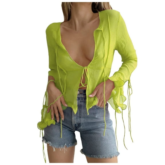 SHITINN Women Girls Sheer Blouse Wild Flare Sleeve Tie Up Shirt Frill Cropped Cardigan Top Clothe Womens Short Sleeve Shirts Womens Tshirts Summer Fashion Women