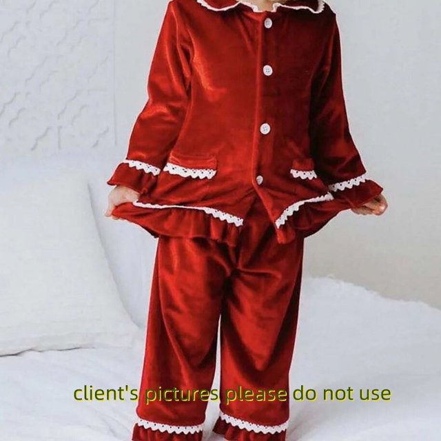 Pijamas navideños de alta calidad, conjunto de pijamas de terciopelo rojo para niños pequeños, ropa de dormir con cuello abotonada, ropa para el hogar a juego para niños y niñas