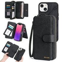 Feishell for iPhone 14 Plus Multi-Function Wallet Case, with Wrist Strap, Premium PU Leather 2 in 1 Magnetic Detachable Purse 14 Card Holder Slots Zipper Pocket Phone Case for Women Men,Black