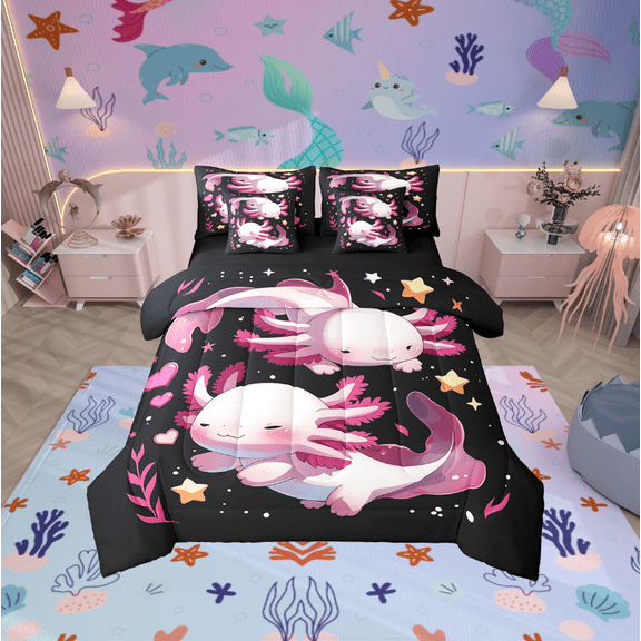 Erosebridal Pink Axolotl Bedding Twin Size, Cartoon Animal Bedding Sets Twin Size, Dreamy Galaxy Stars Reversible Bed Set, Breathable Bedroom Decorative, 7pcs