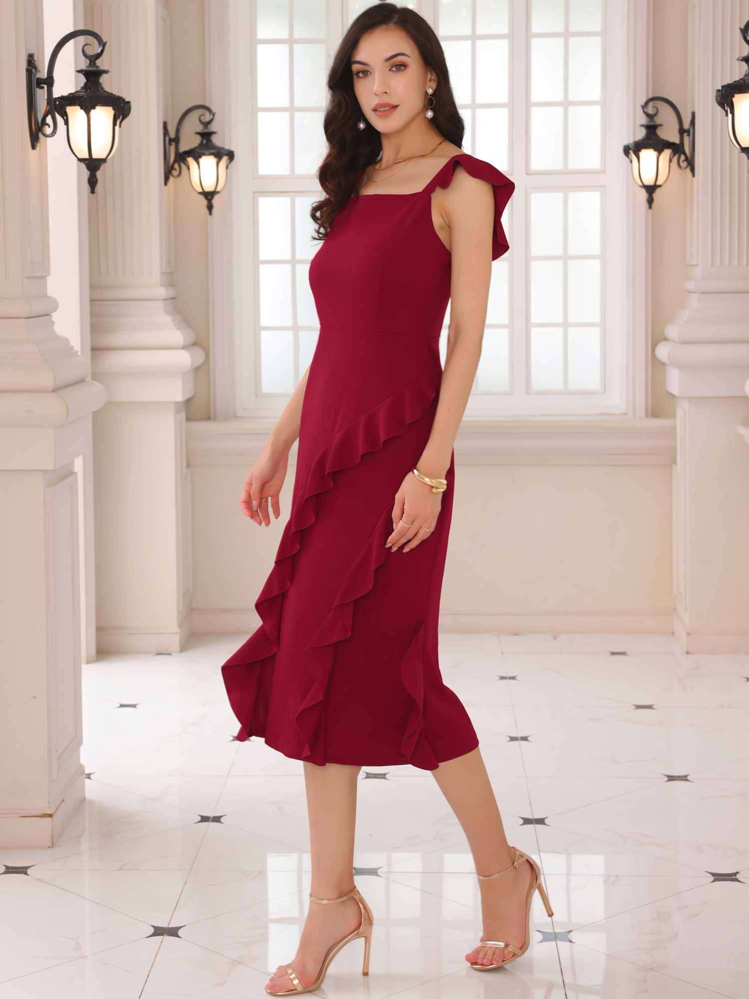 DARING DIVA Cocktail Sleeveless Square Neck Ruffle Midi Dress XL Wine Red
