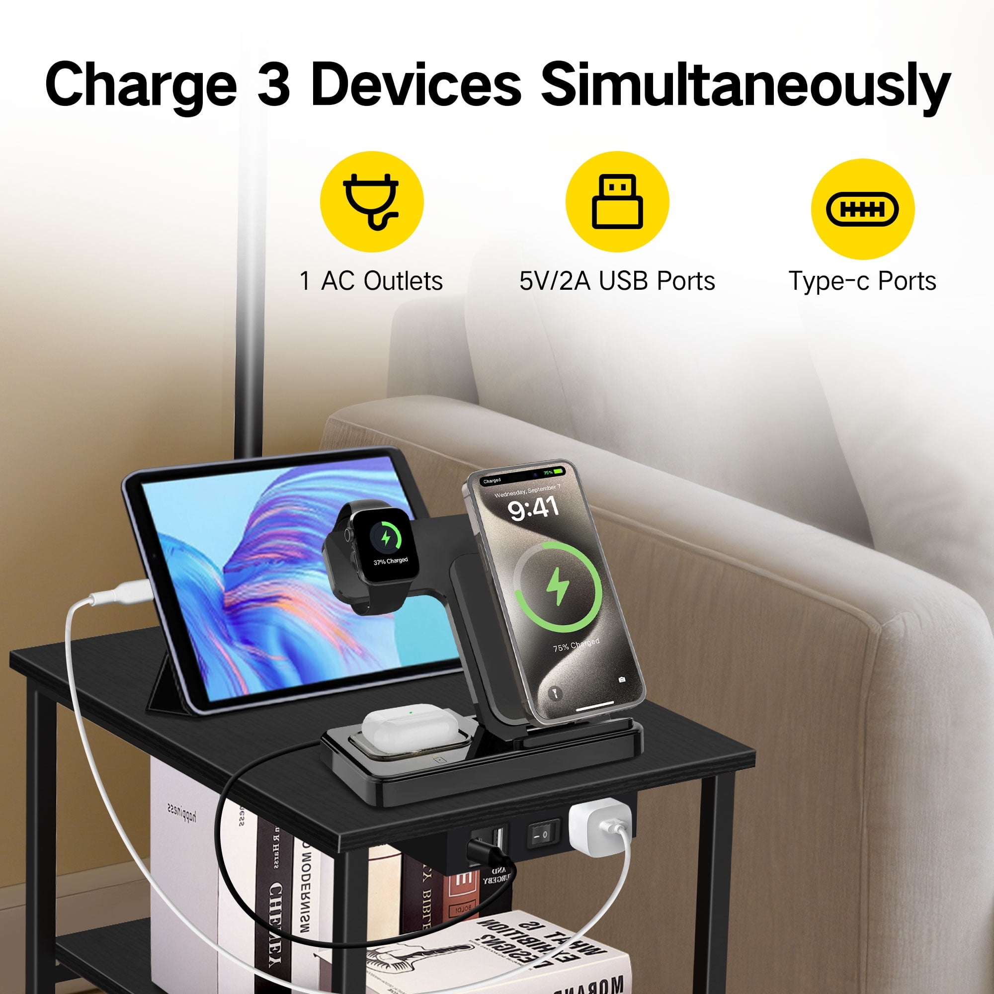OUTONLIFE Rattan Floor Lamp with Table for Living Room with USB & Type C Charging Station, End Table Lamp with 3-Color Temperature LED Bulb for Bedroom, Black