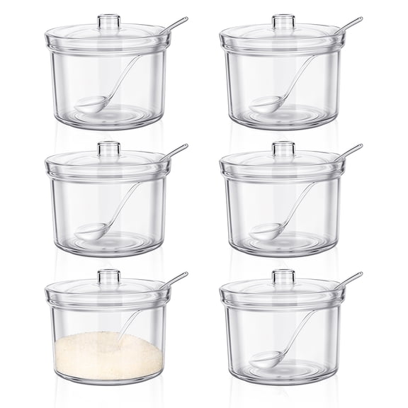 6 Pieces Acrylic Sugar Bowl With Lid and Spoon 6.76 OZ for Countertop, Salt Sugar Container Holder Storage Dispenser for Serving Condiment Pepper Candy Bar Bakery Home Kitchen