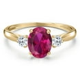 thumbnail image 3 of Gem Stone King 10K Yellow Gold Red Created Ruby and White Topaz 3-Stone Ring for Women | 1.63 Cttw | Oval 8X6MM | Gemstone July Birthstone | Size 8, 3 of 6