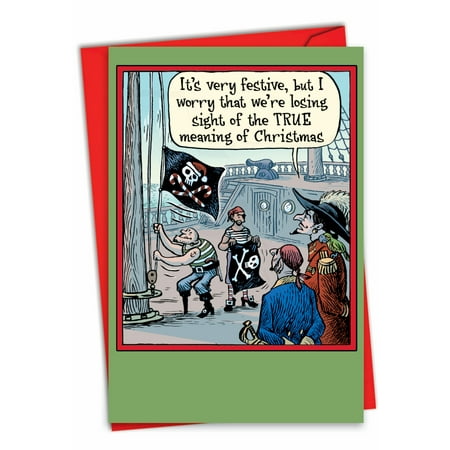 Funny Christmas Greeting Card with 5 x 7 Inch Envelope (1 Card) Merry Christmas Holiday Losing Sight - Pirate with Candycane Flag