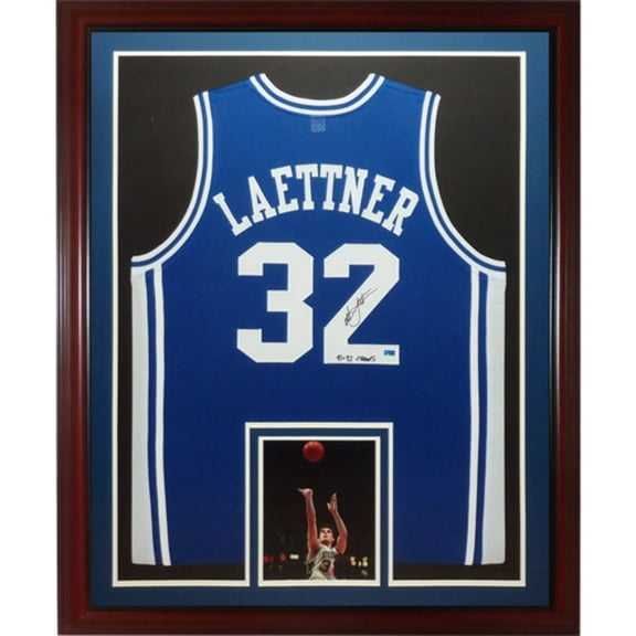 Christian Laettner Autographed Duke Blue Devils (Blue #32) Deluxe Framed Jersey w/ "91 amp; 92 NCAA Champs"