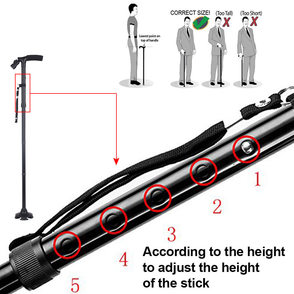 Portable Handle Walking Cane Walking Stick Folding LED Safety 4 Head Pivoting Trusty Base Black - image 5 of 10