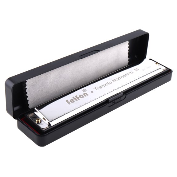 24 Holes Key of C Blues Harmonica for Beginner Students Professional 8K Titanium Tremolo Blues Harp Mouth Organ with Case