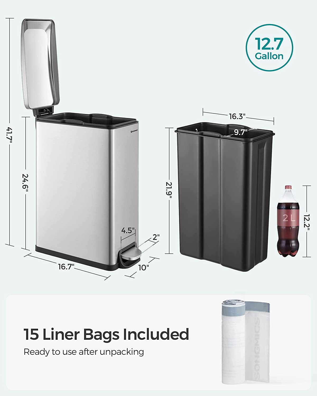 12.7 Gallon Slim Trash Can, Kitchen Garbage Can for Narrow Spaces, Stainless Steel, Silver