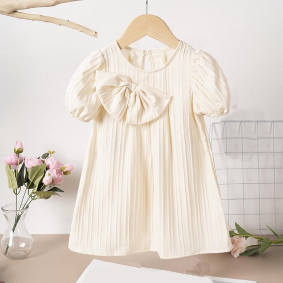 JUSLIO Dresses for Girls Bow Dresses Solid Crew Neck Short Sleeve Casual Dress Size 2 Y