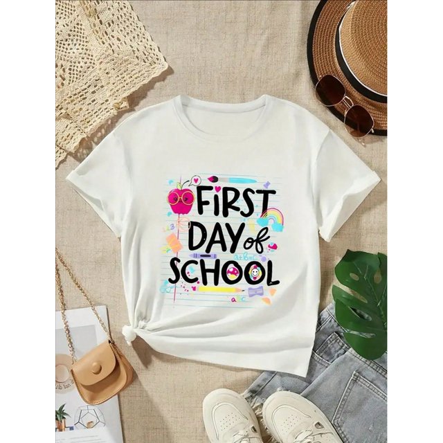 First Of School Print Girl's Creative T-Shirt, Soft & Elastic Comfy Crew Neck Short Sleeve Tee, Girl's Summer Top