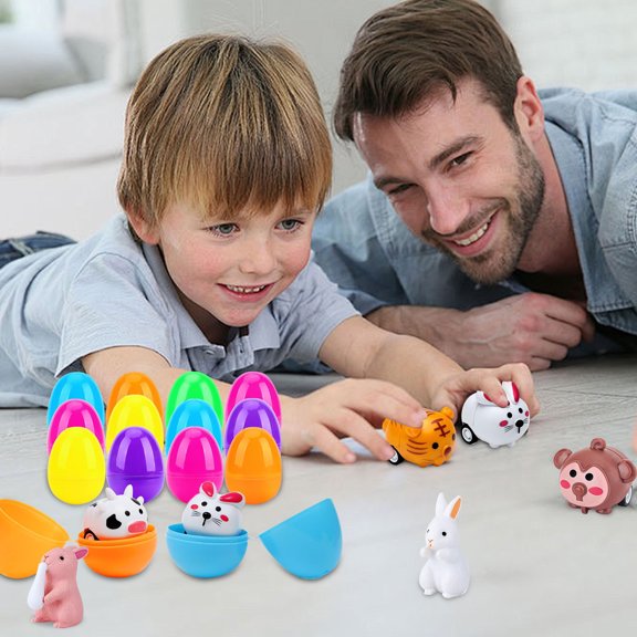 KUAZOU Cars Easter Eggs,12 Pack Prefilled Easter Eggs Pull Back Cars Animals & Filled Easter Eggs Bunny Ornamental