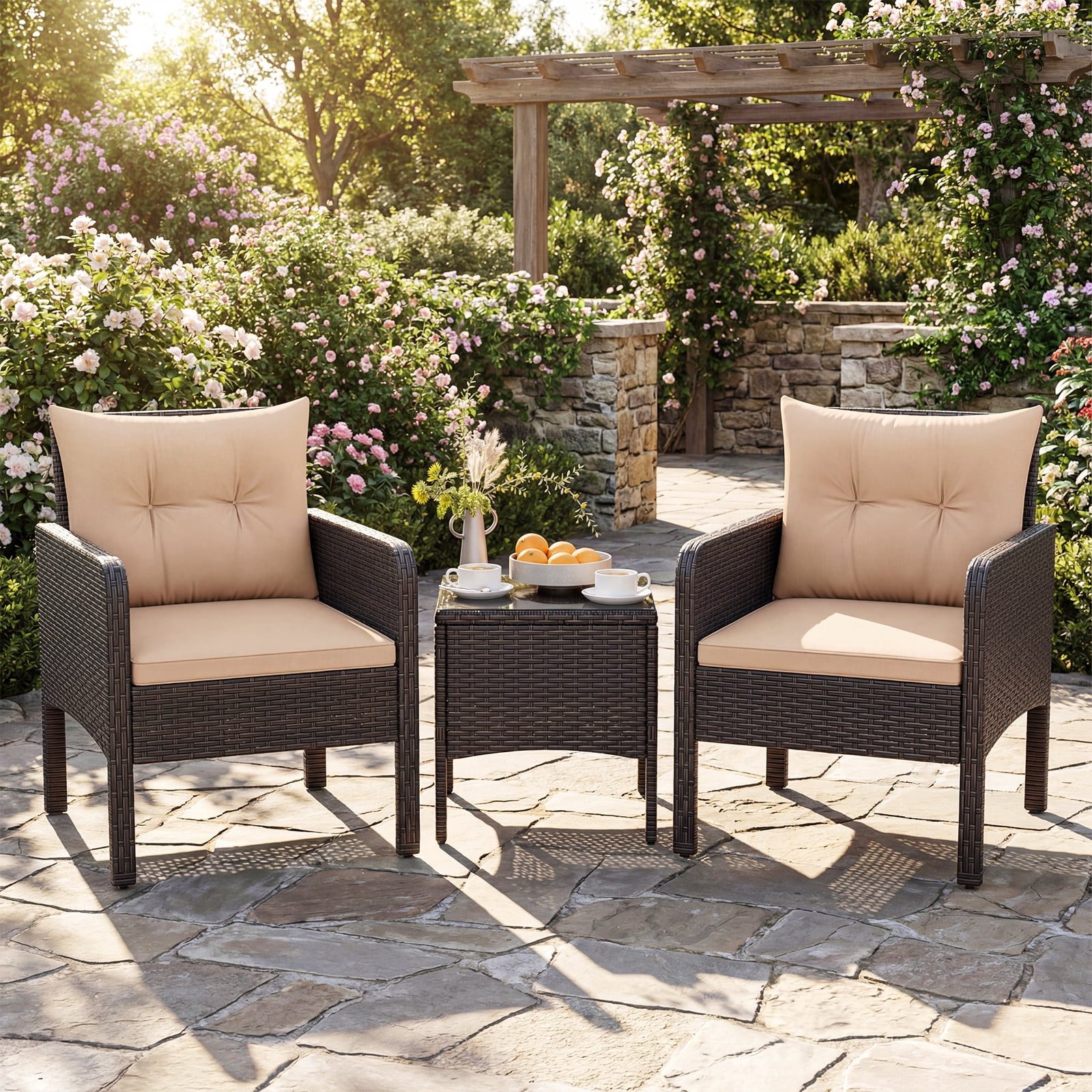 Costway 3PCS Outdoor Rattan Conversation Set Patio Garden Furniture Cushioned Sofa Chair