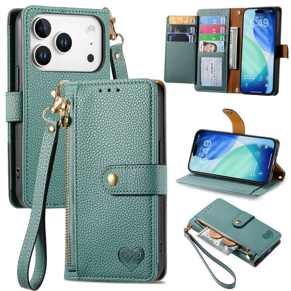 Feishell for iPhone 17 Pro Max Case,RFID Blocking Wallet Case for Women Men,Premium PU Leather Credit Card Holder Zipper Pocket Magnetic Buckle Flip Kickstand Phone Case with Wrist Strap,Green