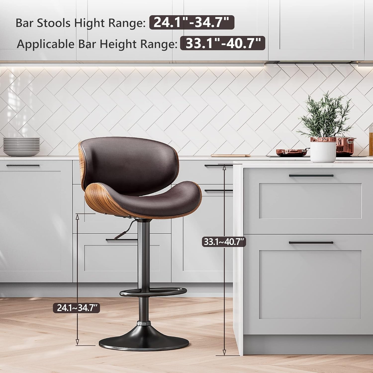 Bar Stools Adjustable Swivel Barstools Counter Stools with Back Sets of 2, Mid-Century Modern PU Leather Upholstered Counter Height Barstools, Kitchen Island Bar Chairs, Brown