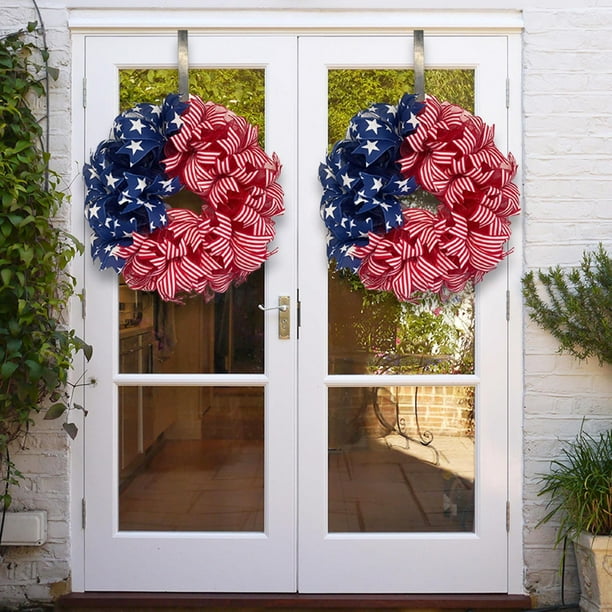 Corona patriótica del 4 de julio - Decoración con bandera roja, blanca azul para la puerta principal, porche o fiesta navideña interior
