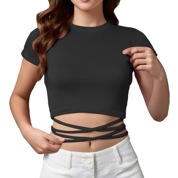 yunLCZ Basic T Shirts Going Out Tops For Women Cropped Tie Front Petite Summer High Neck Short Sleeve Tops Sexy T Shirts Work Out Outfits Women's Short Sleeve Shirts Black L