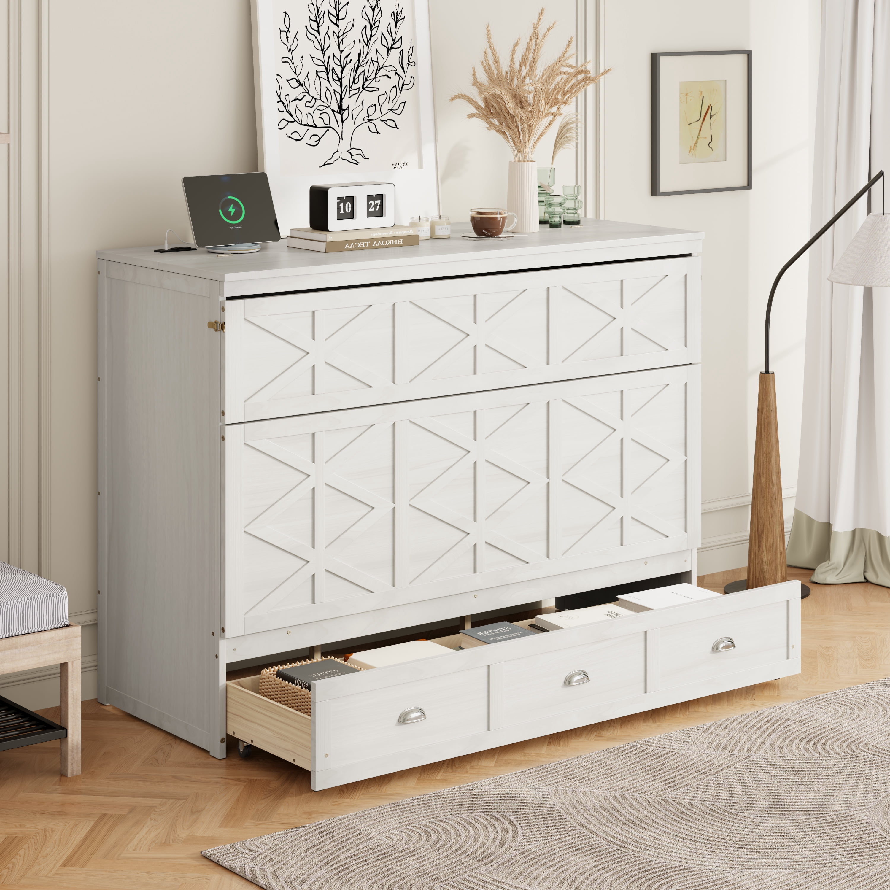 Mintazer Queen Size Murphy Bed with Charge Station & 3 Storage Drawers, Farmhouse Geometric Pattern Foldable Cabinet Wall Bed for Guest Room Small Apartment, White
