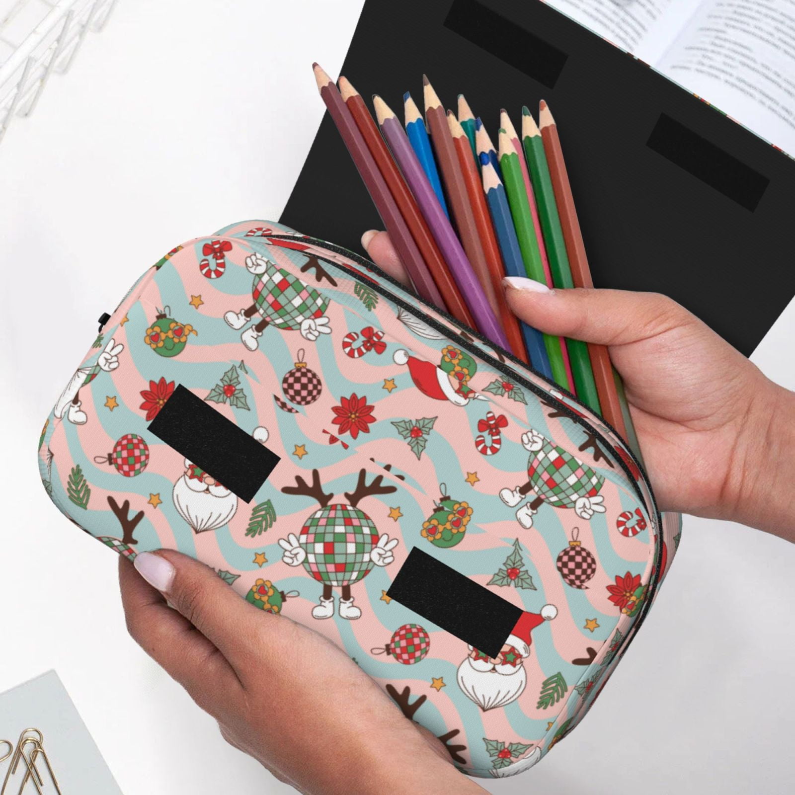 Rateoe Groovy Retro Santa Pattern Double Clamshell Pen Case, Storage Organizer with Two Zipper Compartments– Holds Up to 50 Pencils & Pens