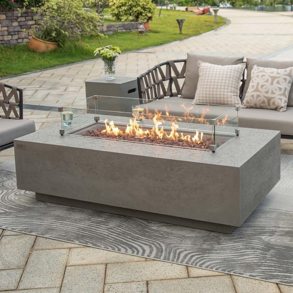AMS Fireplace - Madison 60" Rectangular Natural Gas Fire Pit Table -Light Gray