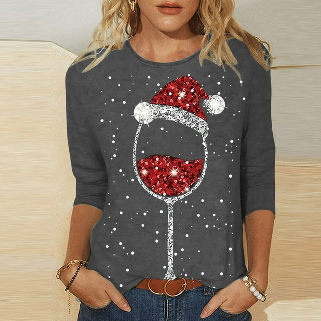 T-shirt Décontracté à Manches Trois-Quarts Col Rond Imprimé Verre de Vin Rouge de Noël pour Femmes