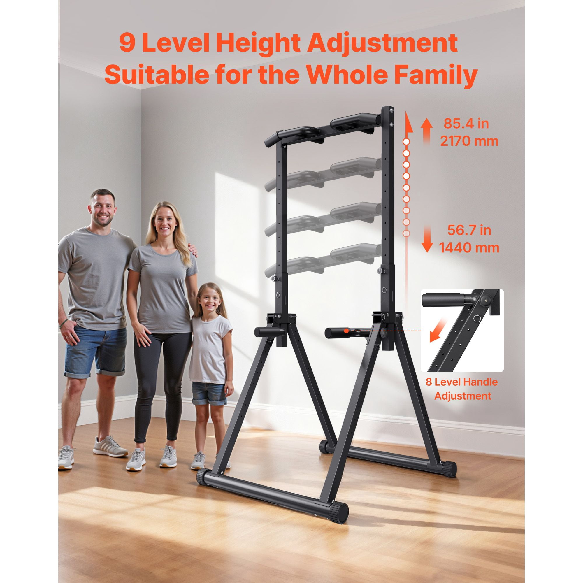 Portable Pull Up Bar, 330lb, Freestanding, 9-Level Height Adj, Steel